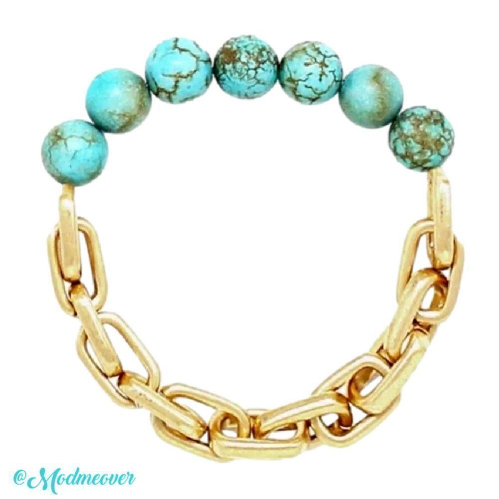 Natural Turquoise Stones & Gold Chain Link Stretch Bracelet NEW